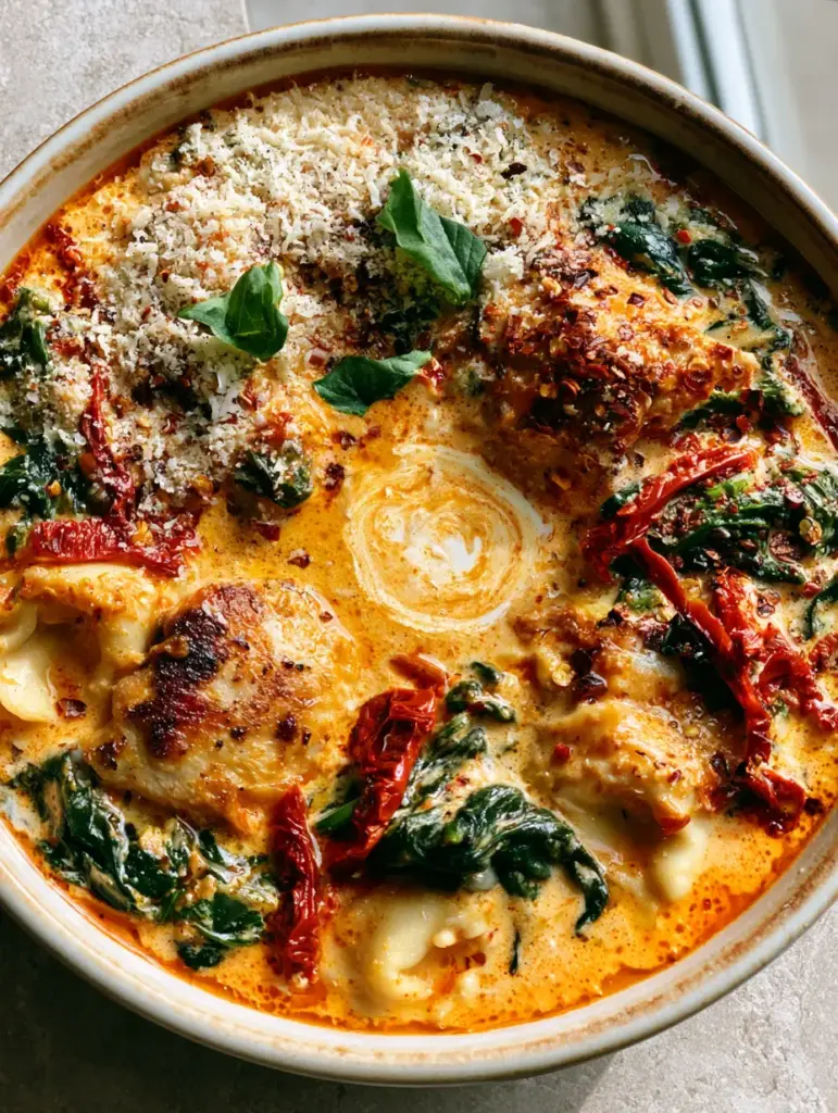 Marry Me Chicken Soup with Cheese Tortellini and Sun-Dried Tomatoes 1 Overhead view of Marry Me chicken soup garnished with micro-planed parmesan and fresh emerald green basil.