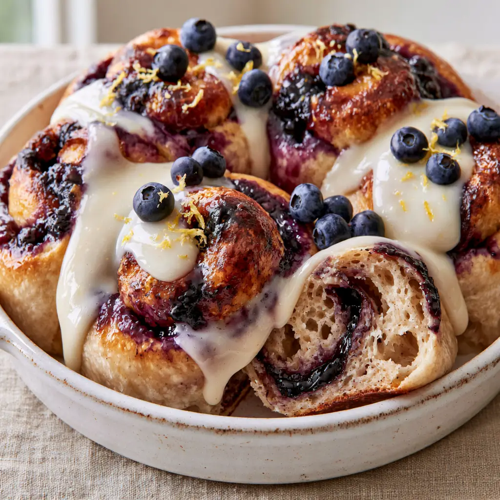 Blueberry sourdough sweet rolls with Zesty Lemon Glaze 1 A close up of one blueberry sourdough sweet roll being pulled away, showing the dark jam swirl and lemon zest shavings.