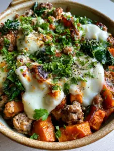 Close-up of ground turkey sweet potato casserole showing caramelized sweet potato cubes and golden mozzarella spots.