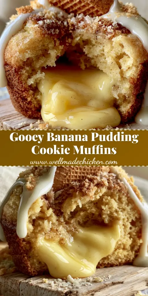 Banana Pudding Cookie Muffins: The Ultimate Gooey-Centered Dessert Mashup 4 A vertical shot of Banana Pudding Cookie Muffins with a dripping white glaze, topped with a whole Nilla wafer and crushed cookie crumbs.