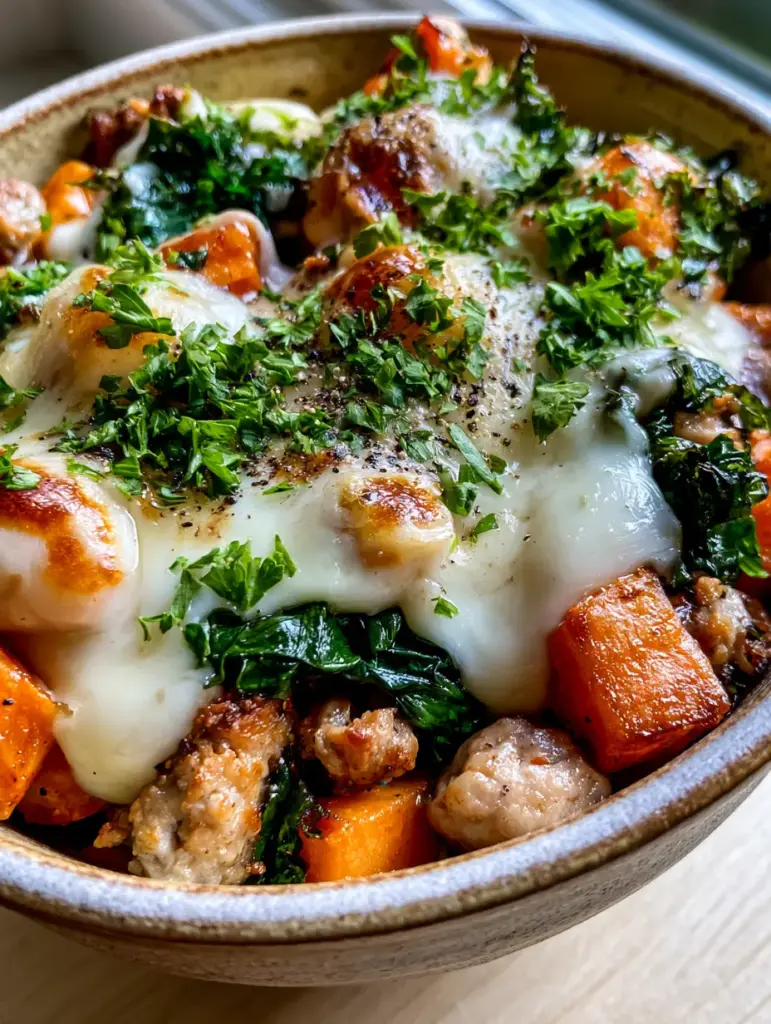 Ground Turkey Sweet Potato Casserole with Bubbly Mozzarella 1 Handheld smartphone photo of a finished ground turkey sweet potato casserole in a ceramic dish on a wooden table.