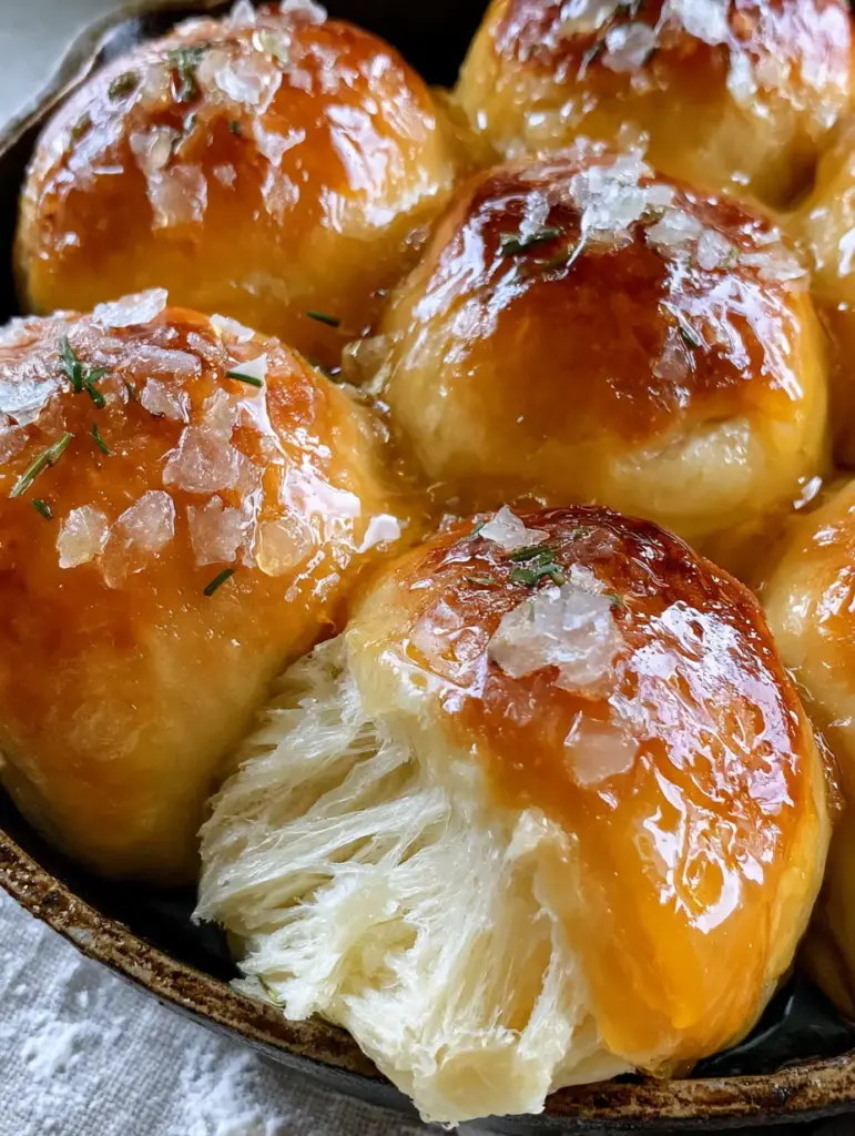 Close up of translucent flaky sea salt and rosemary on a honey butter glazed dinner roll.