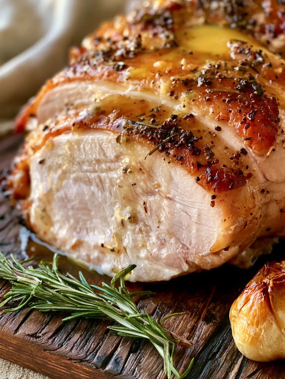 Roasted Turkey Breast with Garlic Herb Butter (Juicy & Crispy) 4 Extreme macro shot of a thick slice of roasted turkey breast showing glistening juices and charred rosemary skin.