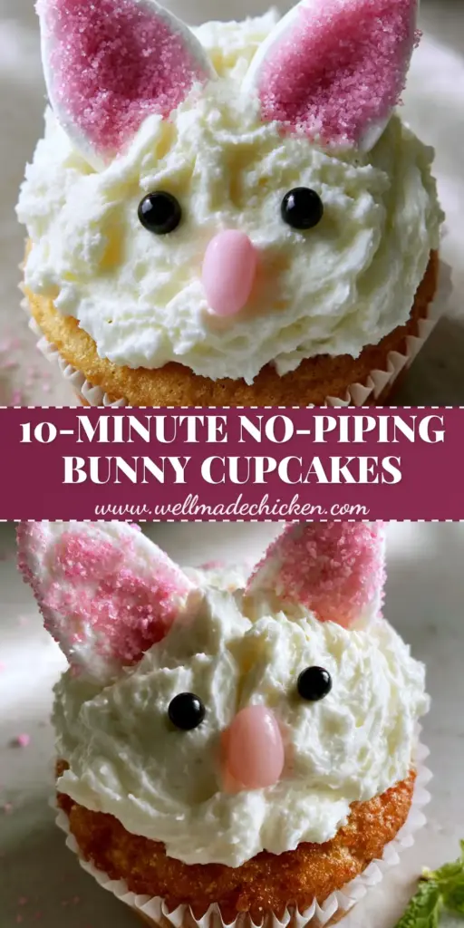 A group of festive Bunny Cupcakes with marshmallow ears, pink sanding sugar, and jelly bean noses on a light grey surface.