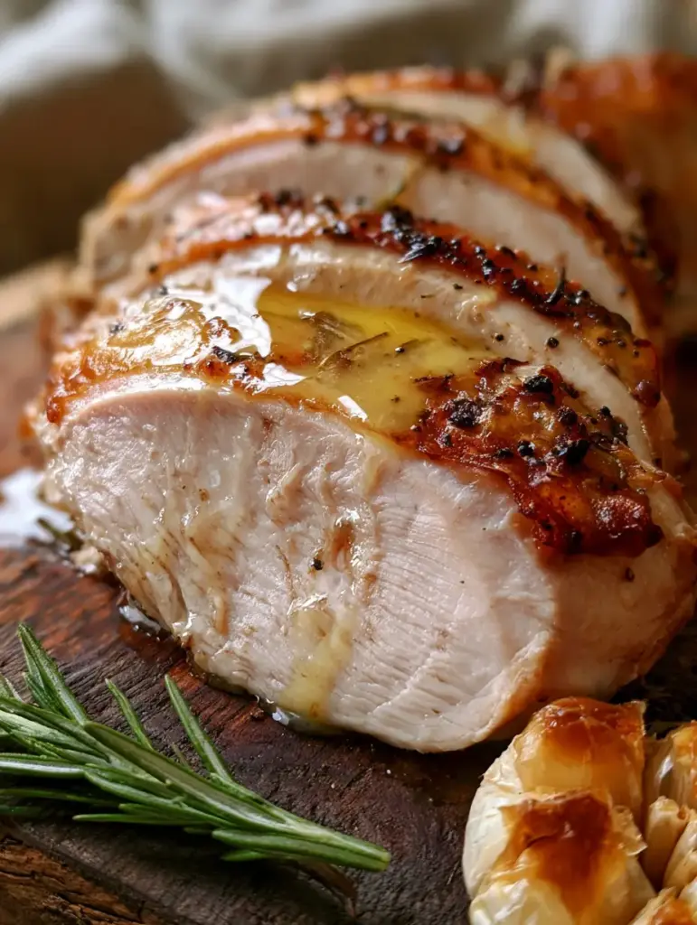 Roasted Turkey Breast with Garlic Herb Butter (Juicy & Crispy) 1 Close up of melting yellow garlic butter over shimmering roasted turkey skin on a dark wood board.