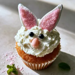 Overhead shot of Bunny Cupcakes in white liners with thick vanilla buttercream and pink sugar grains.