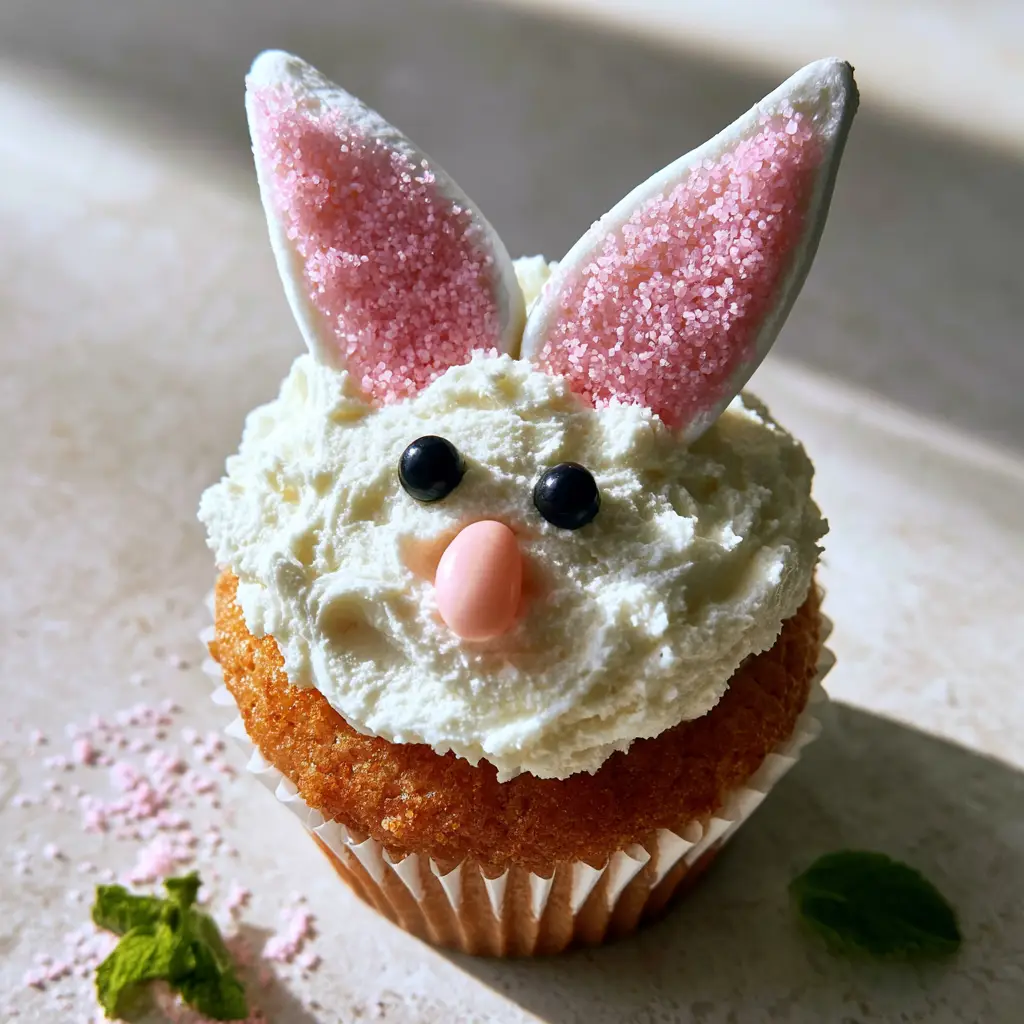 Overhead shot of Bunny Cupcakes in white liners with thick vanilla buttercream and pink sugar grains.