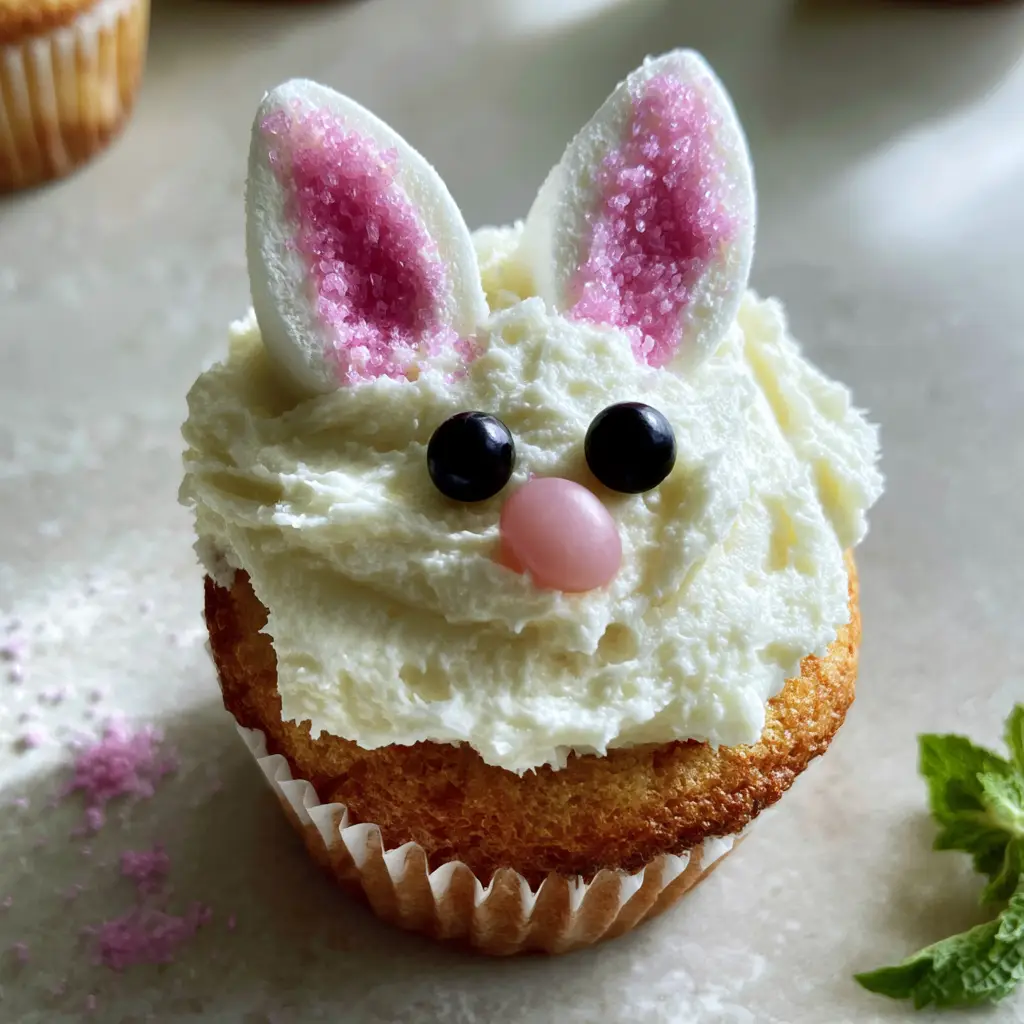 Close up of Bunny Cupcakes showing the marshmallow ear texture and glossy black sugar pearl eyes.