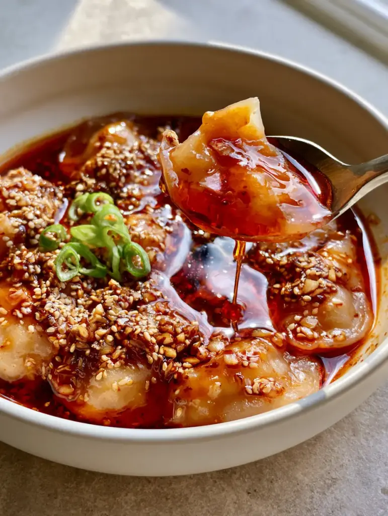 Spicy Potato Dumplings with Glossy Garlic Chili Oil 2 Handheld photo of a silver spoon lifting a chewy potato dumpling from a bowl of spicy potato dumplings with trailing red oil.