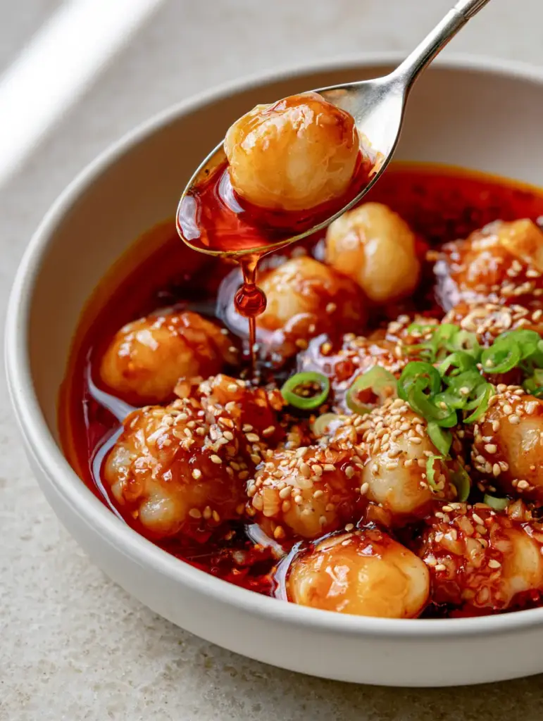 Spicy Potato Dumplings with Glossy Garlic Chili Oil 1 Top down view of glossy spicy potato dumplings in a matte white bowl featuring red oil droplets and toasted sesame seeds.
