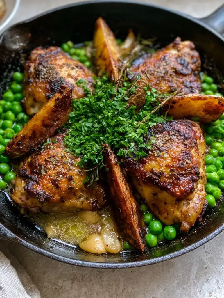 Chicken Vesuvio: The Ultimate One-Pan Chicago Classic with Crispy Skin 1 A rustic skillet of Chicken Vesuvio featuring vibrant green peas, softened whole garlic cloves, and fresh rosemary sprigs.