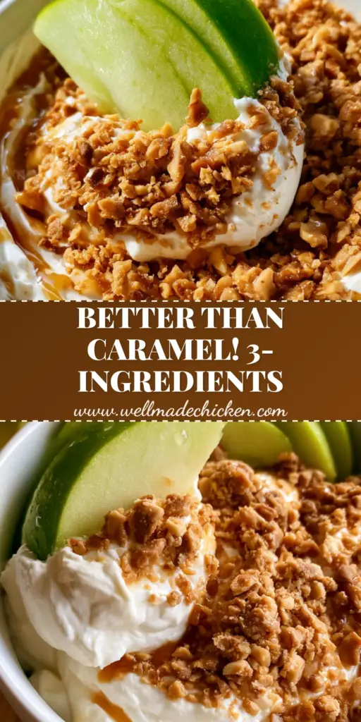A smartphone photo of Apple toffee dip in a white bowl topped with caramel and toffee bits, served with Granny Smith apples on a wood board.