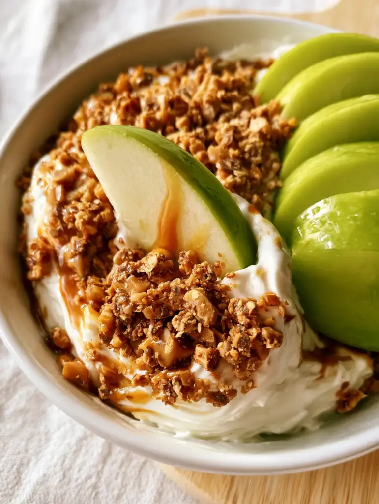 Close up of whipped Apple toffee dip showing the airy texture of cream cheese and golden toffee crumbles.