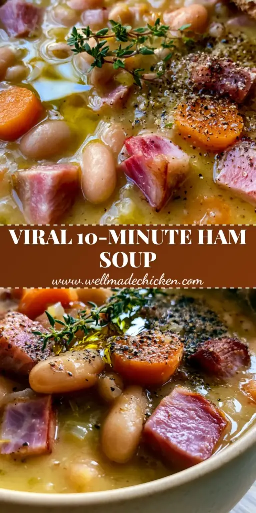 A rustic cream bowl filled with hearty Ham Soup featuring Great Northern beans, seared ham, and carrots topped with thyme.