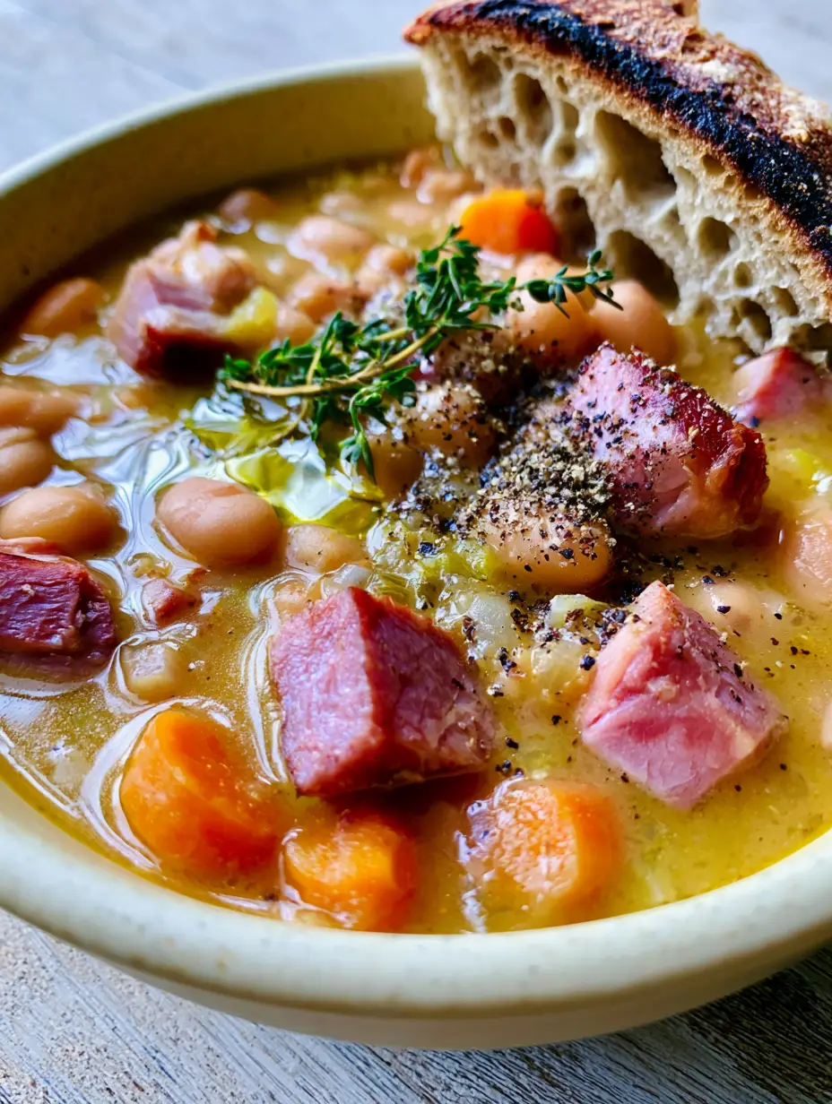 Close up photo of Ham Soup with steam rising, showing velvety golden broth and seared ham edges.