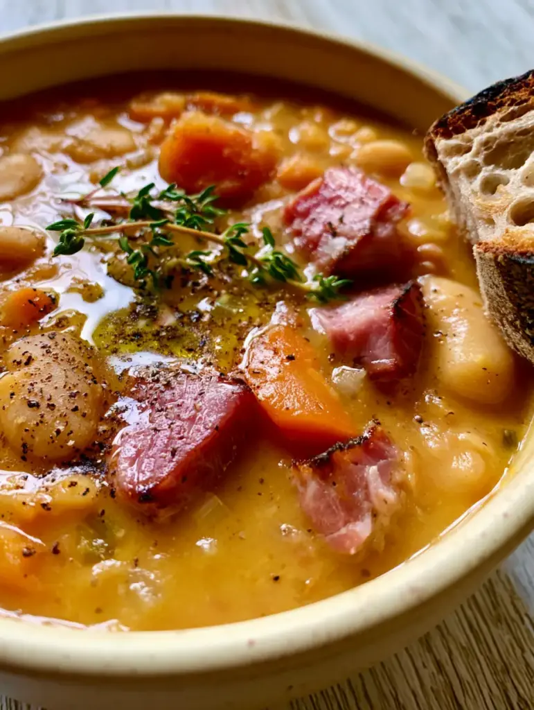 A spoonful of Ham Soup showing large Great Northern beans and tender carrot coins with a side of sourdough bread.