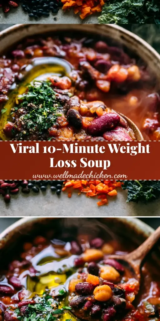 A steaming ceramic bowl of thick three-bean vegetable soup with kidney beans, chickpeas, black beans, and wilted kale, topped with olive oil and parsley.