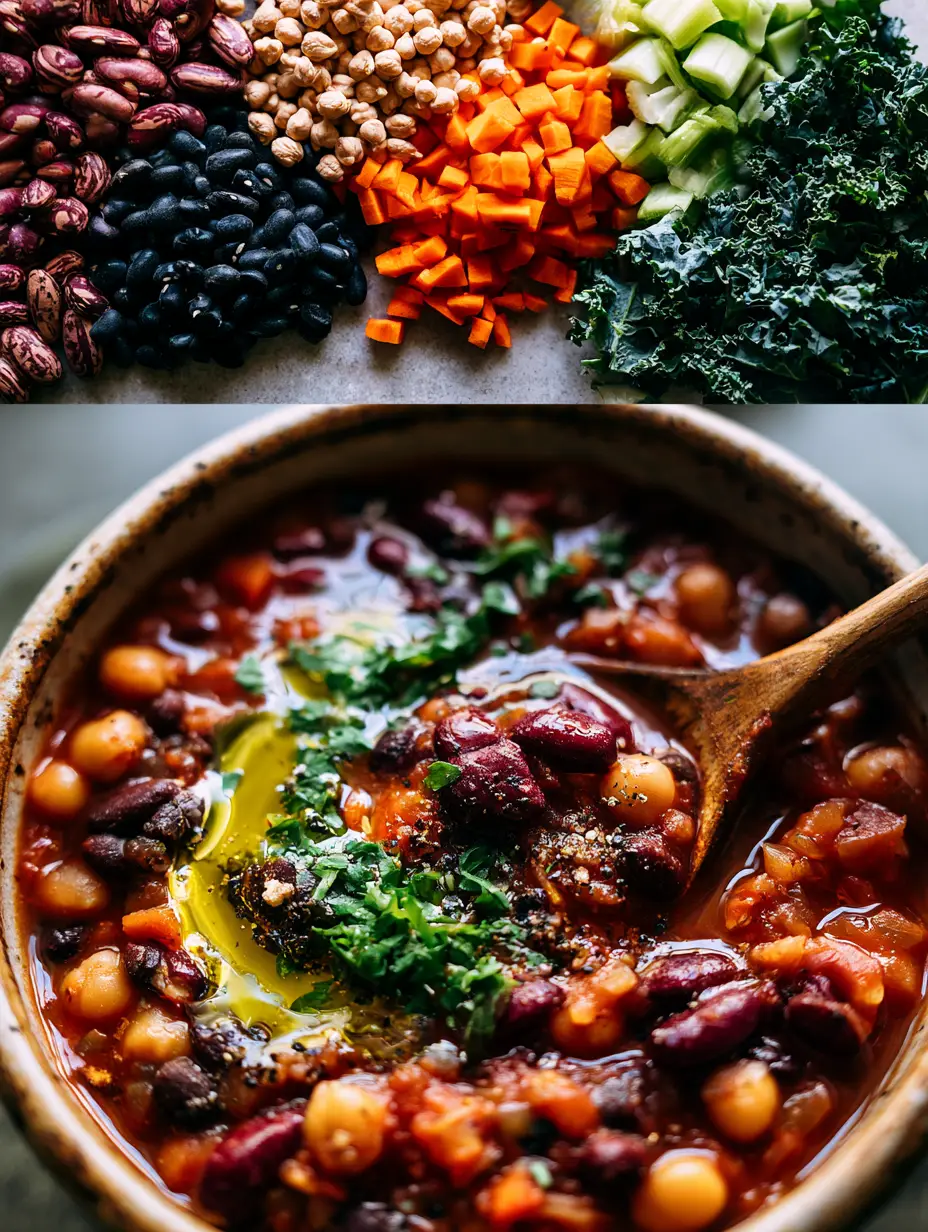 Split screen showing raw beans and vegetables next to a steaming bowl of three-bean vegetable soup with a wooden spoon.