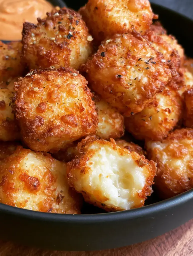 Cottage Cheese Tots with a Crispy Toasted Parmesan Crust 1 A pile of golden-brown cottage cheese tots in a black bowl with a side of creamy chipotle sauce.