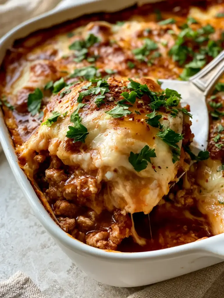 High Protein Ground Turkey Casserole: The Ultimate Healthy Comfort Food 1 Top-down view of toasted cheddar spots and fresh green parsley on a ground turkey bake.