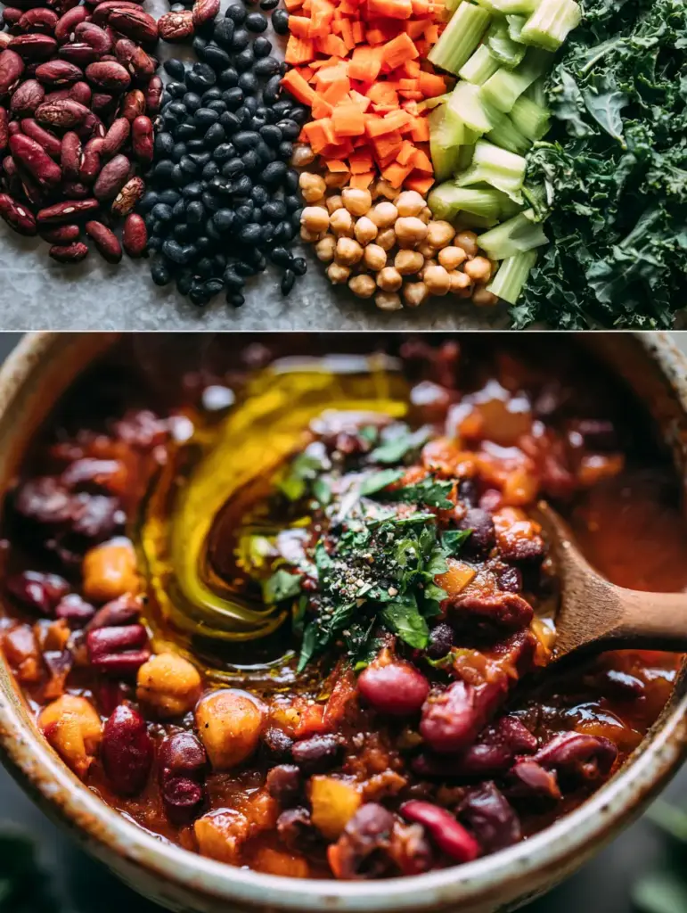 Macro close-up of three-bean vegetable soup highlighting the texture of kidney beans, black beans, and chickpeas in a red tomato broth.