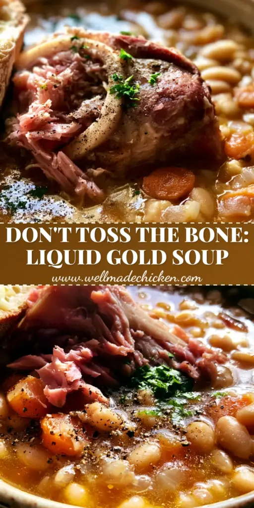 Ham Bone Bean Soup: The Ultimate Velvety Comfort Recipe 4 A rustic ceramic bowl of Ham Bone Bean Soup featuring a large meaty ham bone, shredded pink ham, and plump navy beans in a golden broth with sourdough on the side.
