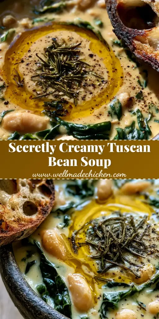 Hearty Bean Soup with Roasted Garlic and Fried Rosemary 3 A rustic dark stoneware bowl filled with a thick and creamy hearty bean soup, garnished with kale, fried rosemary, and a swirl of olive oil.