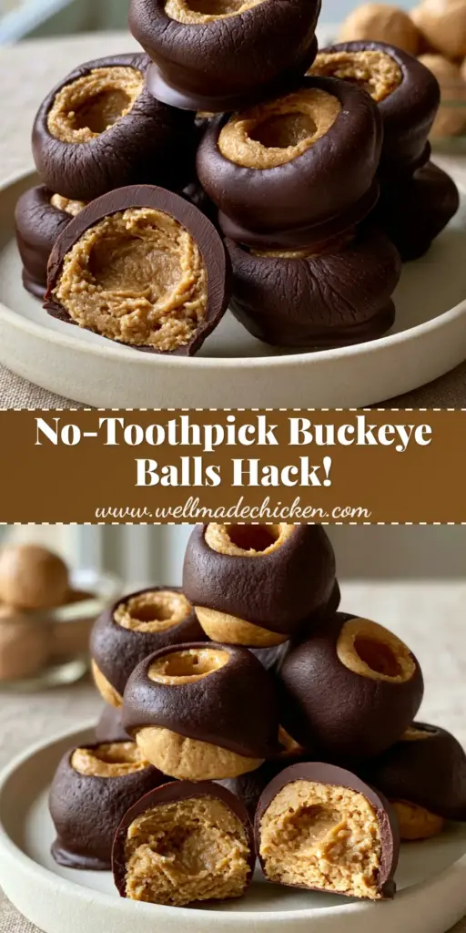 Buckeyes: The Ultimate Glossy Dark Chocolate Peanut Butter Candy 4 A stack of homemade Buckeyes on a white dish, featuring a glossy dark chocolate shell and a creamy peanut butter center.