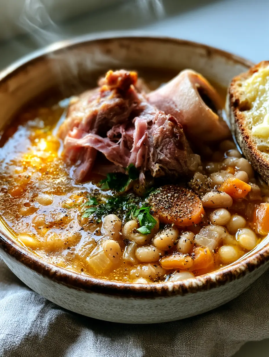Ham Bone Bean Soup: The Ultimate Velvety Comfort Recipe 3 Close up shot of Ham Bone Bean Soup showing golden-amber broth, carrot rounds, and freshly cracked black pepper.