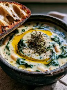 Close up photo of velvety hearty bean soup with whole cannellini beans and ribbons of dark green lacinato kale.