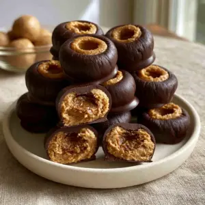 Smartphone photo of Buckeyes candies arranged on a ceramic dish with a sliced buckeye showing the fudge interior.