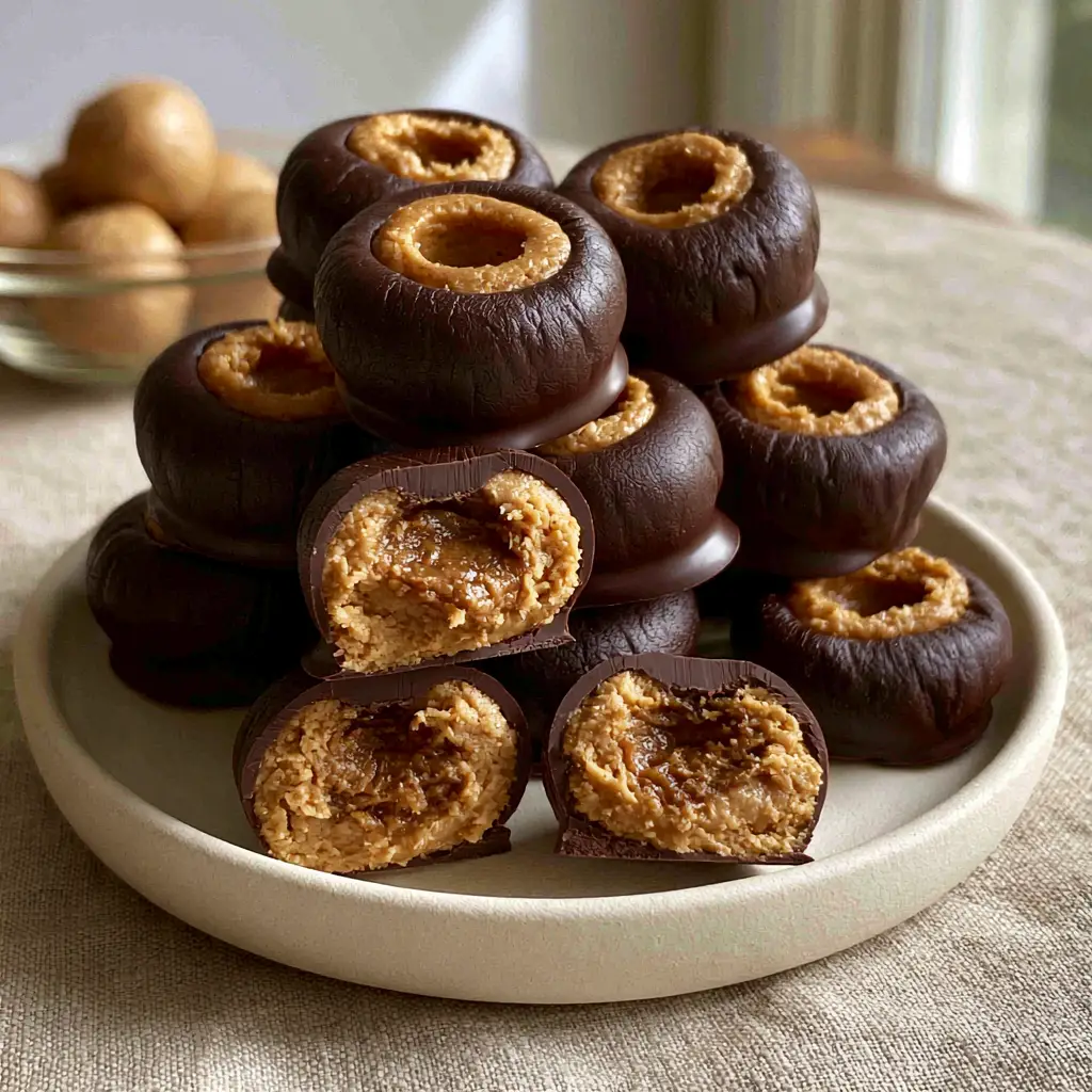 Smartphone photo of Buckeyes candies arranged on a ceramic dish with a sliced buckeye showing the fudge interior.