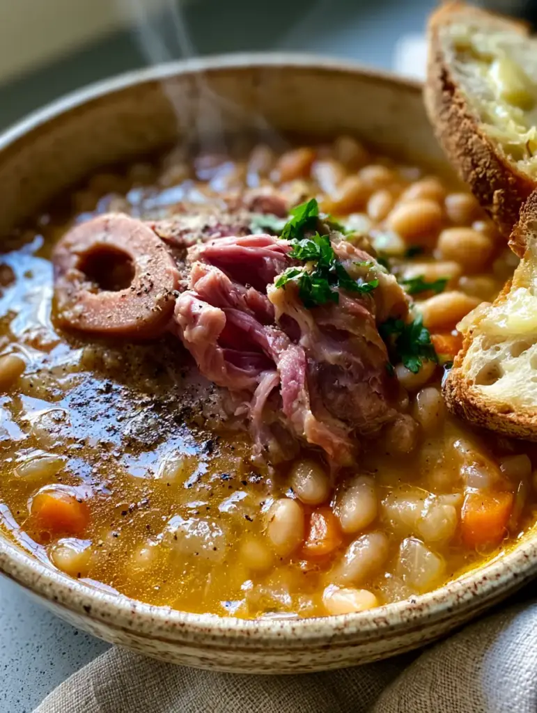Ham Bone Bean Soup: The Ultimate Velvety Comfort Recipe 1 A top-down view of Ham Bone Bean Soup in a rustic bowl with wisps of steam and a side of buttered sourdough.