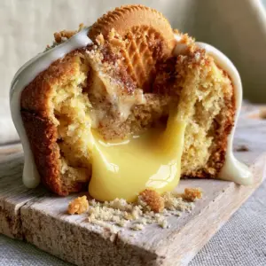 Macro shot of a sliced banana pudding cookie muffin showing the gooey vanilla pudding center and golden crumb. (Banana Pudding Cookie Muffins)