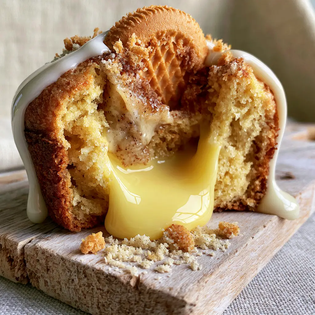 Banana Pudding Cookie Muffins: The Ultimate Gooey-Centered Dessert Mashup 2 Macro shot of a sliced banana pudding cookie muffin showing the gooey vanilla pudding center and golden crumb. (Banana Pudding Cookie Muffins)
