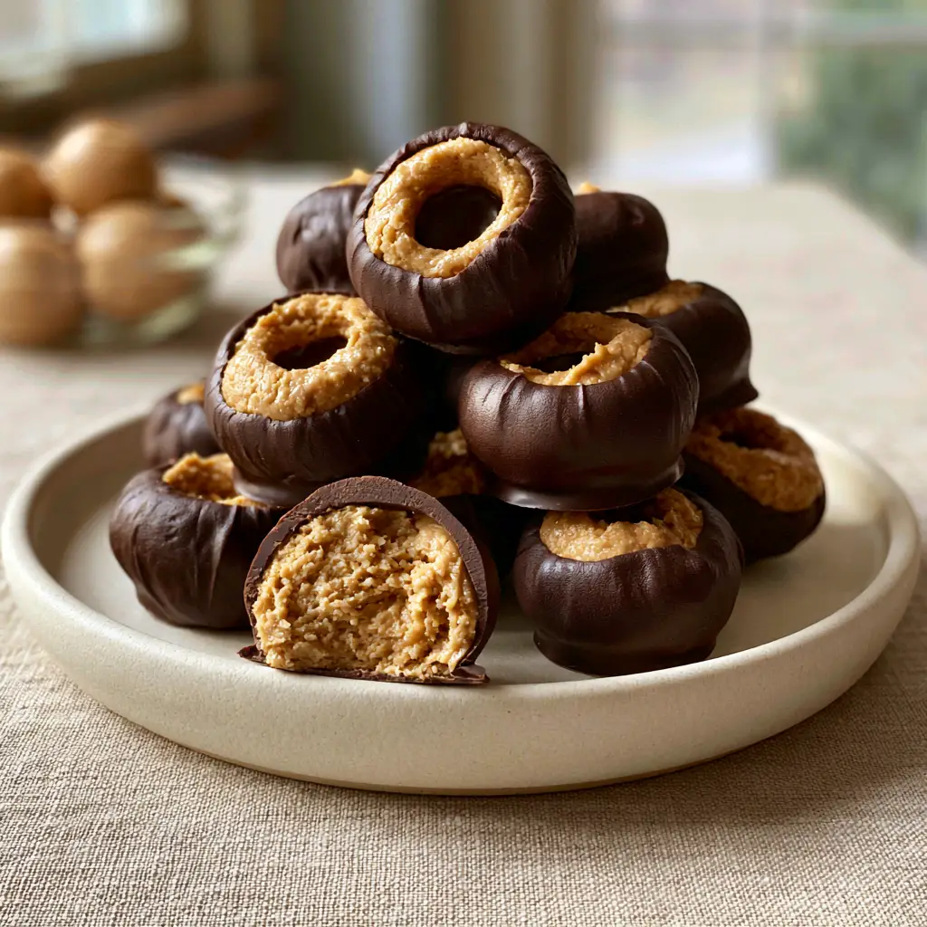Buckeyes: The Ultimate Glossy Dark Chocolate Peanut Butter Candy 1 A close up of raw peanut butter dough balls ready to be dipped into glossy dark chocolate for Buckeyes.
