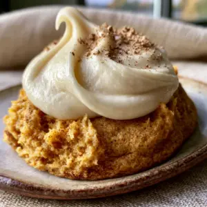 A handheld smartphone photo of a thick, ultra-chewy pumpkin cookie with a golden-orange crumb and cinnamon flecks. (frosted pumpkin cookies)