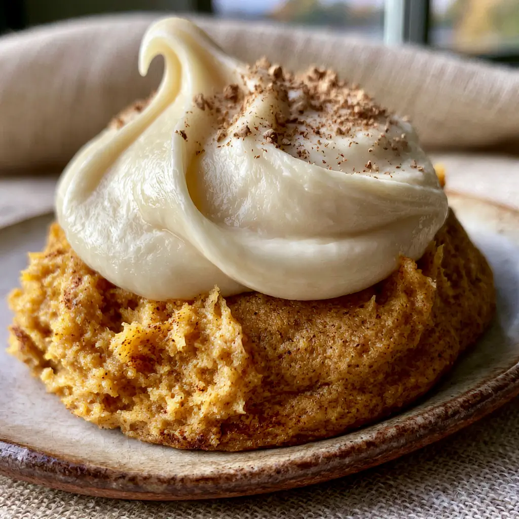 A handheld smartphone photo of a thick, ultra-chewy pumpkin cookie with a golden-orange crumb and cinnamon flecks. (frosted pumpkin cookies)
