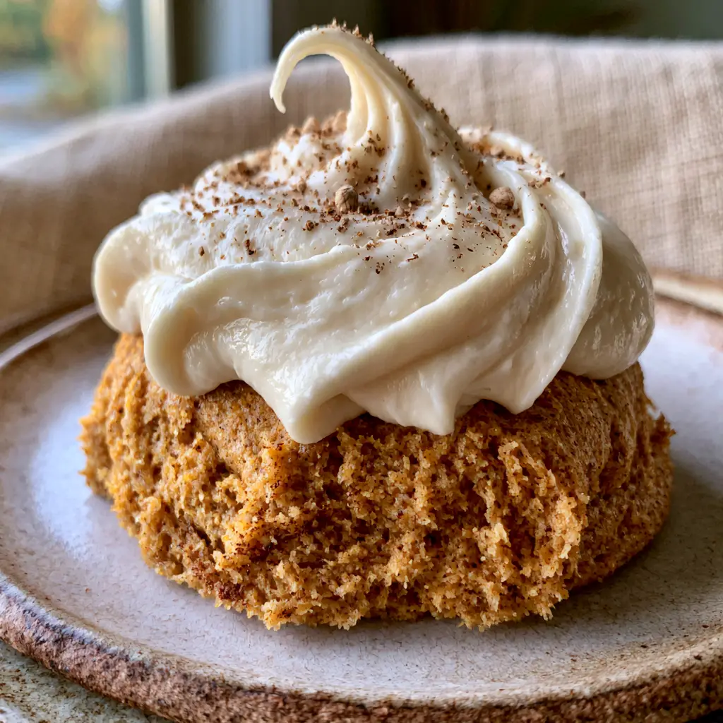 Frosted Pumpkin Cookies with Thick Cream Cheese Frosting 1 A close up of the thick swirl of glossy, velvety cream cheese frosting on a pumpkin cookie. (frosted pumpkin cookies)