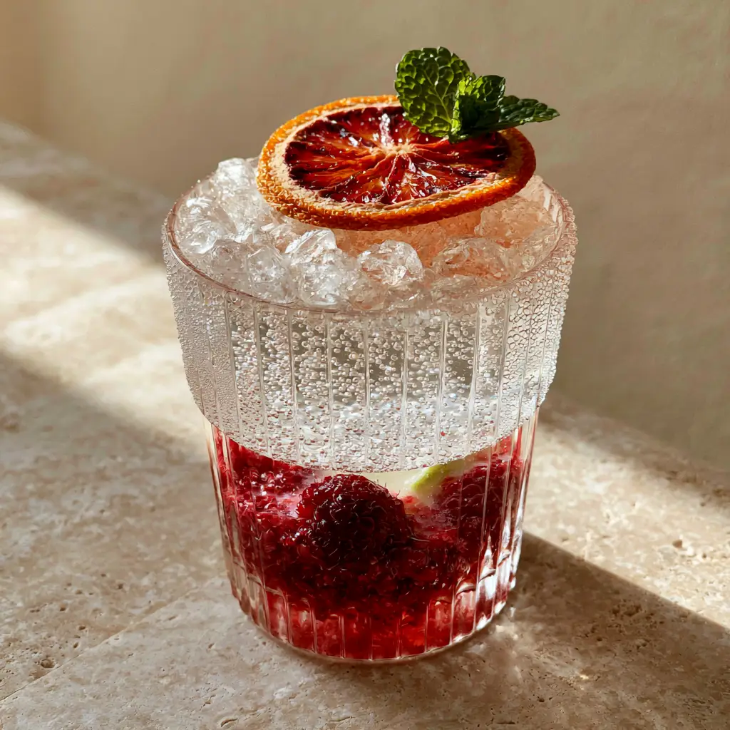 Drink Recipes: The Aesthetic Sparkling Raspberry Lime Mocktail 1 Aesthetic mocktail with rising carbonation bubbles and clear crushed ice on a travertine countertop.