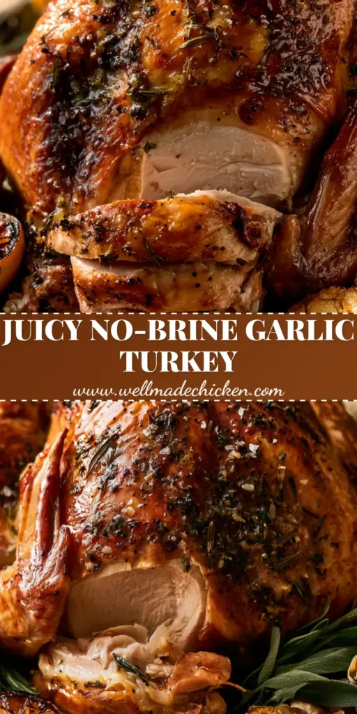 A close-up of garlic butter roasted turkey with mahogany crispy skin, garnished with charred lemons and sage. (garlic butter roasted turkey)