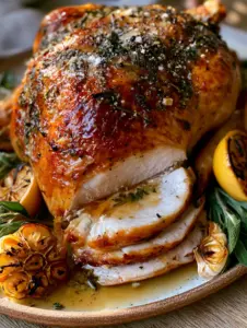 Eye-level shot of a mahogany whole roasted turkey on a rustic ceramic platter with roasted garlic. (garlic butter roasted turkey)
