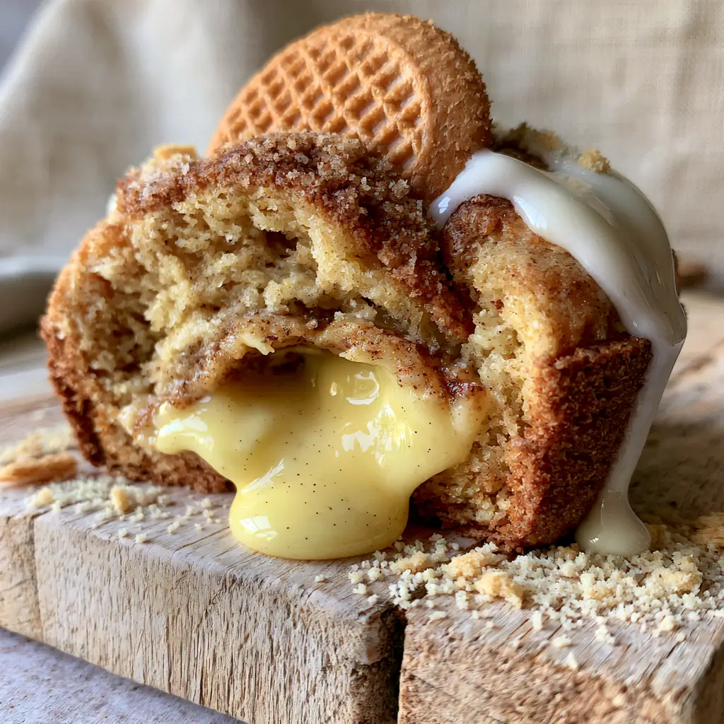 Banana Pudding Cookie Muffins: The Ultimate Gooey-Centered Dessert Mashup 1 Eye-level view of a banana pudding cookie muffin with thick white glaze dripping down and a Nilla wafer on a rustic wooden board.