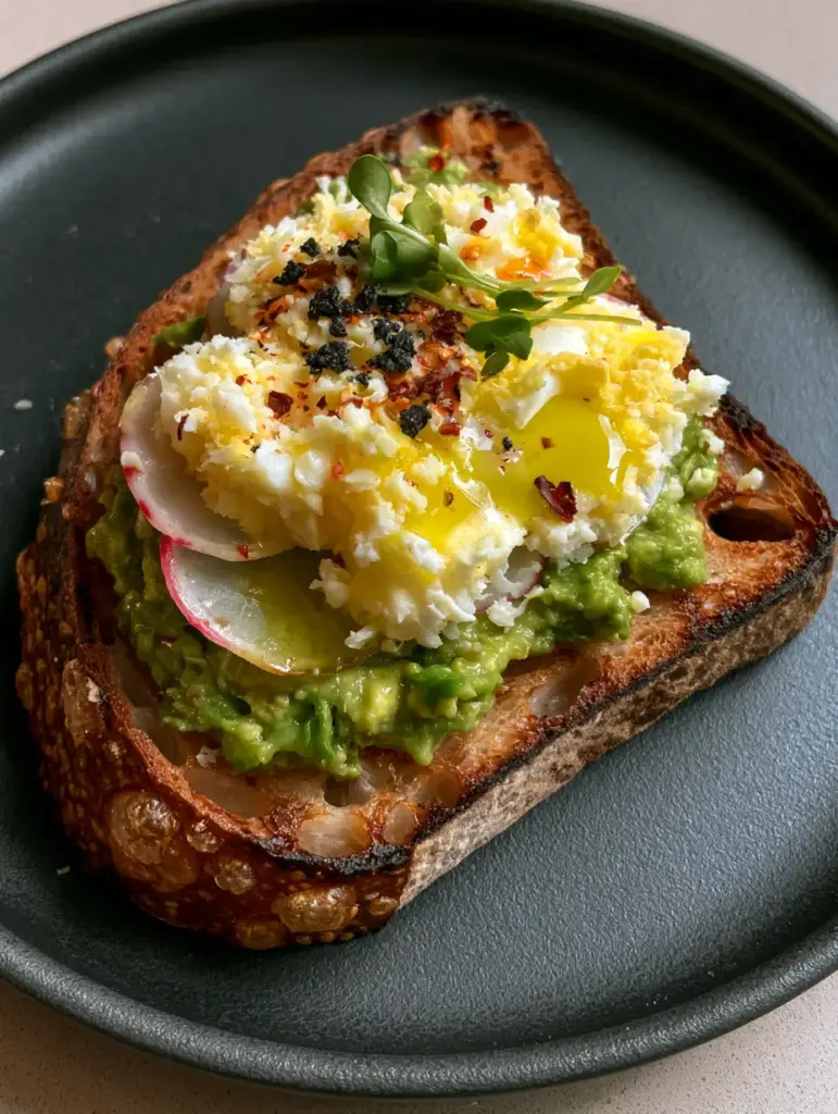 Top-down macro shot of gourmet avocado toast on a charcoal plate featuring thick sourdough and yellow grated egg. (avocado toast recipes)