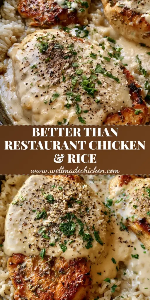 Creamy Smothered Chicken and Rice: The Ultimate Comfort Meal 4 A rustic cast iron skillet filled with Creamy Smothered Chicken and Rice, featuring golden-brown chicken medallions and bubbling ivory sauce over jasmine rice.