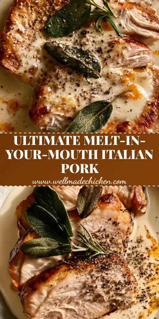 Italian milk-braised pork: The Ultimate Tender Pork Loin Recipe 4 A top-down view of Italian milk-braised pork slices on a ceramic plate, covered in thick ivory sauce and fried sage.