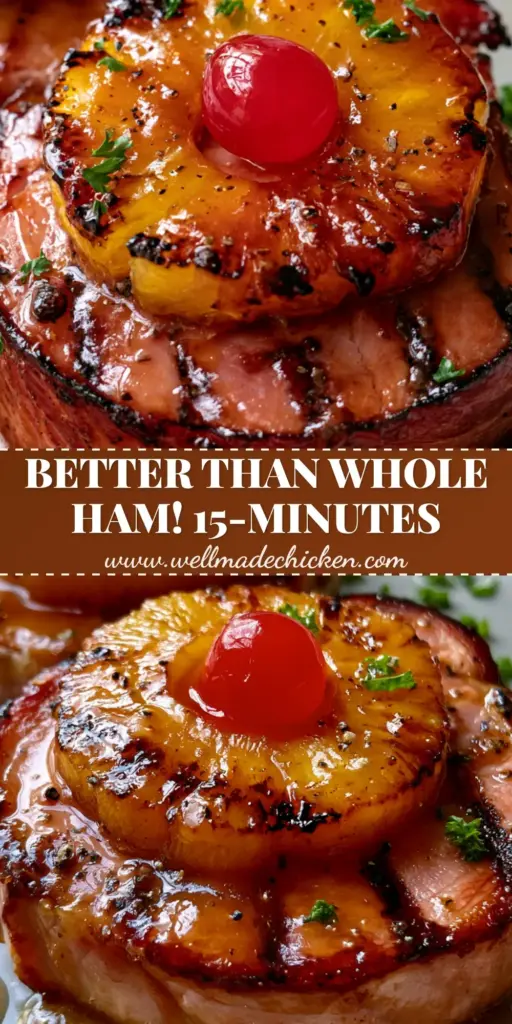 A top-down view of two thick-cut Pineapple brown sugar glazed ham steaks with caramelized pineapple rings and maraschino cherries on a matte plate.