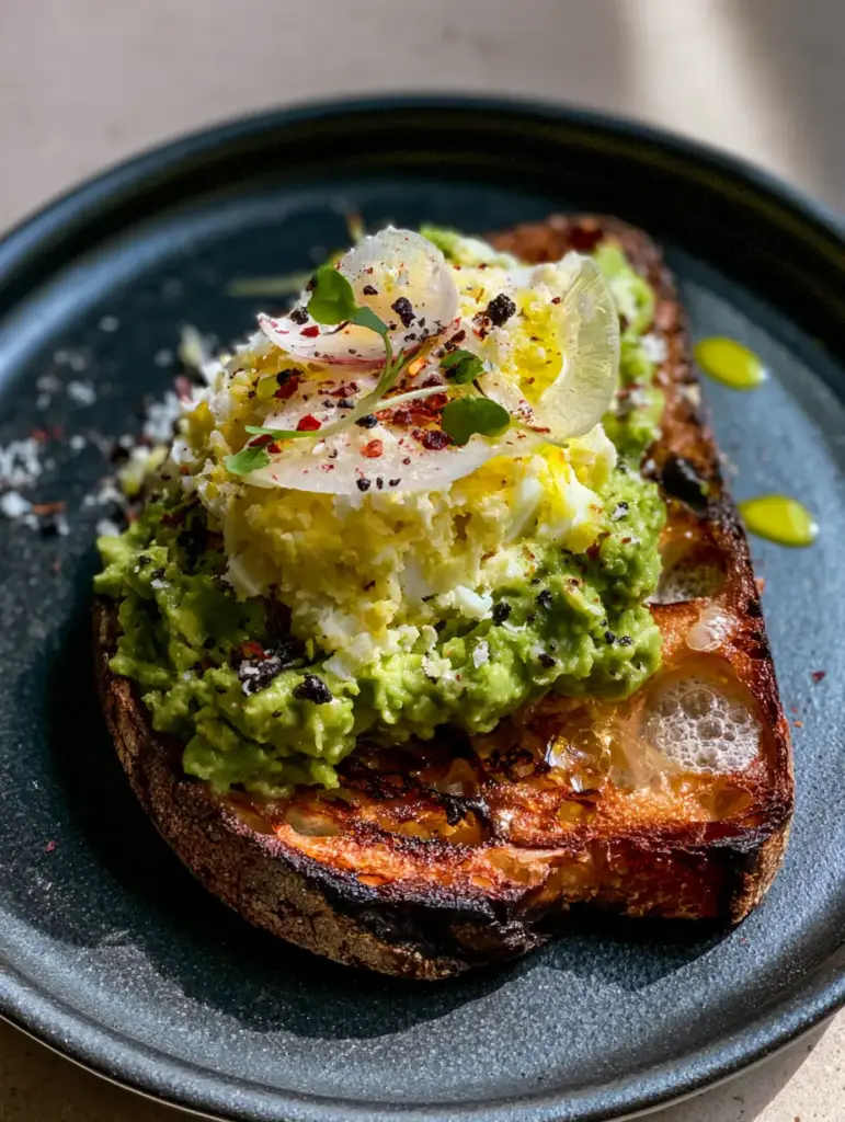 Close-up of translucent watermelon radish slices and black lava salt on avocado toast.