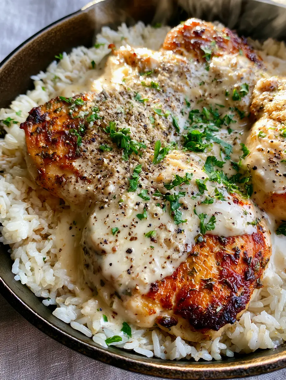 Creamy Smothered Chicken and Rice: The Ultimate Comfort Meal 3 Top-down shot of Creamy Smothered Chicken and Rice showing the glossy parmesan sauce and herb crust on chicken medallions.