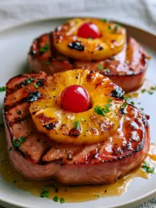 Close up of mahogany seared ham steaks with amber glaze and distinct grill marks. (Pineapple brown sugar glazed ham steaks)